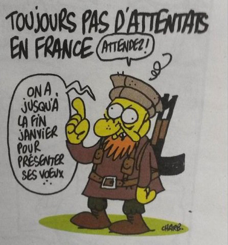 El dibujante Charb, que también fue asesinado el 7 de enero, dibujó en sus páginas el personaje de un yihadista bajo el texto: “Francia sigue sin atentados”. Foto: Charlie Hebdo